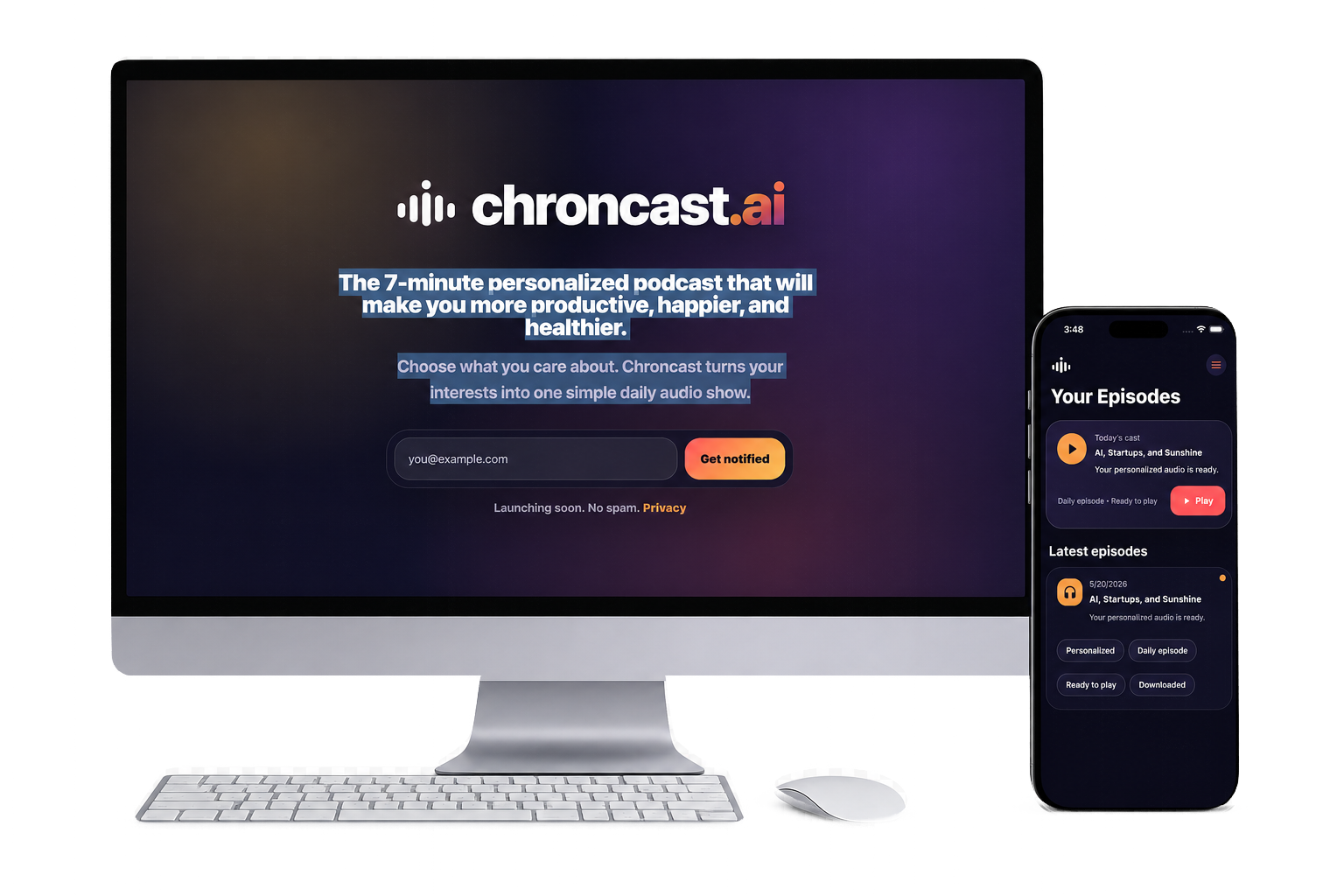 Desktop and mobile product mockup of Chroncast.ai, a personalized daily audio product.