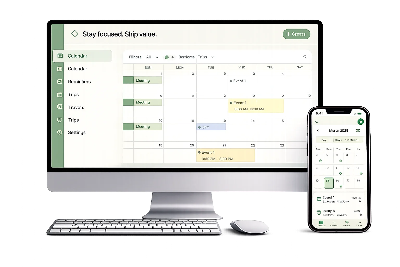 Desktop and mobile product mockup of HeyBean, a personal operations platform with calendar and task workflows.