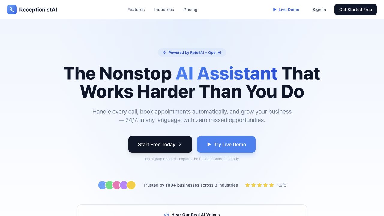 The production AI receptionist experience and its live-demo conversion path.
