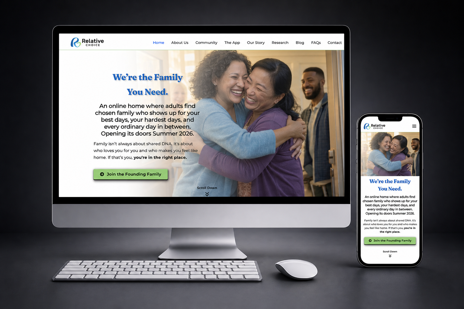 Desktop and mobile product mockup of the responsive Relative Choice website.