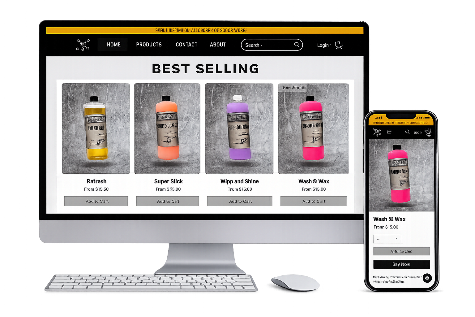 Desktop and mobile product mockup of the Schemenauers ecommerce storefront.