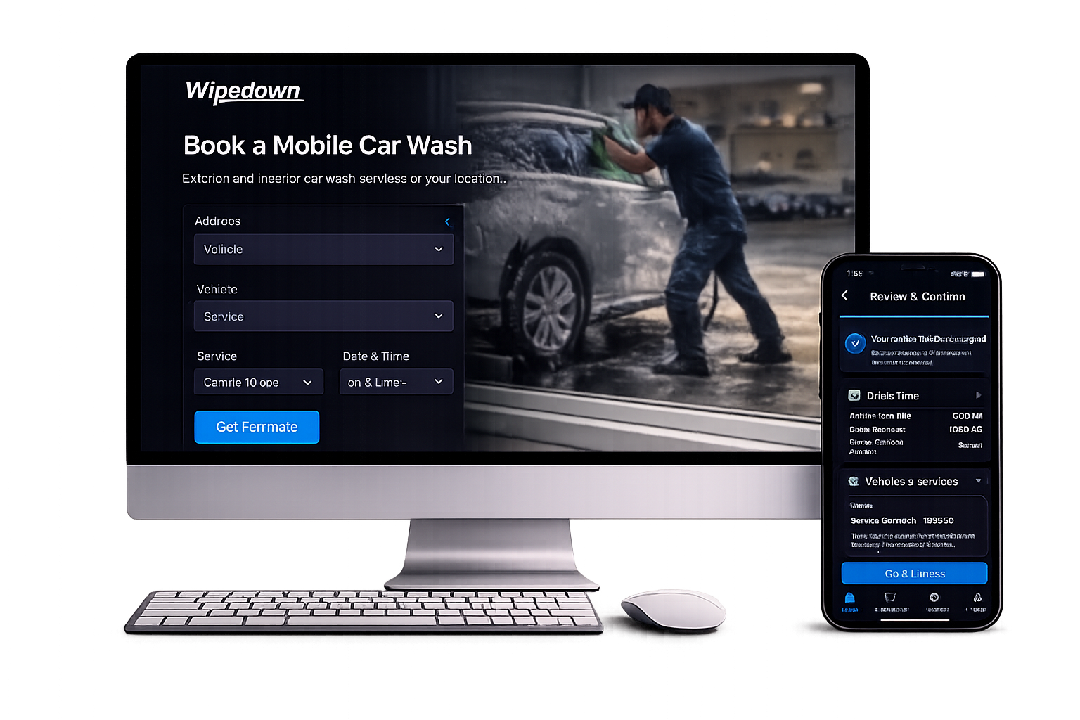 Desktop and mobile product mockup of Wipedown, a marketplace app for booking mobile car wash services.